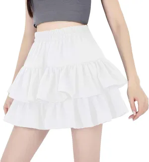 High Waisted Skirts for Women Trendy Y2K Cute Double Ruffle Hem High Elastic Waist Loose A-Line Pleated Mini Skirts