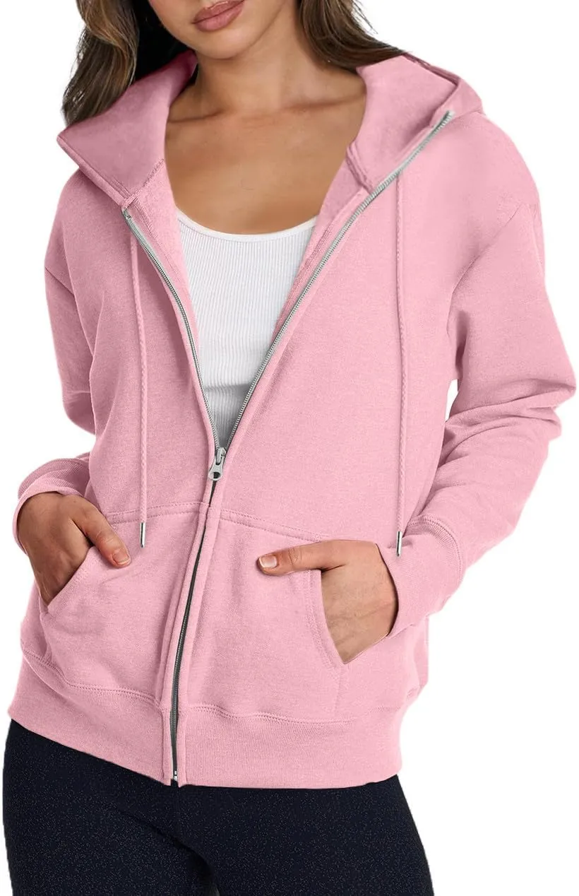 Hoodies for Women Casual Fashion Solid Full Zip Up Jacket Long Sleeved Zippered Hooded Sweatshirt Coats