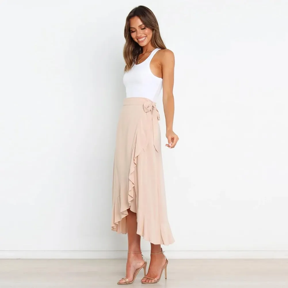 IDOPIP Women Irregular High-Low Hem Wrap Skirt Elegant High Waist Tie Side Midi Skirt Casual Summer Beach Ruffle A-line Skirt