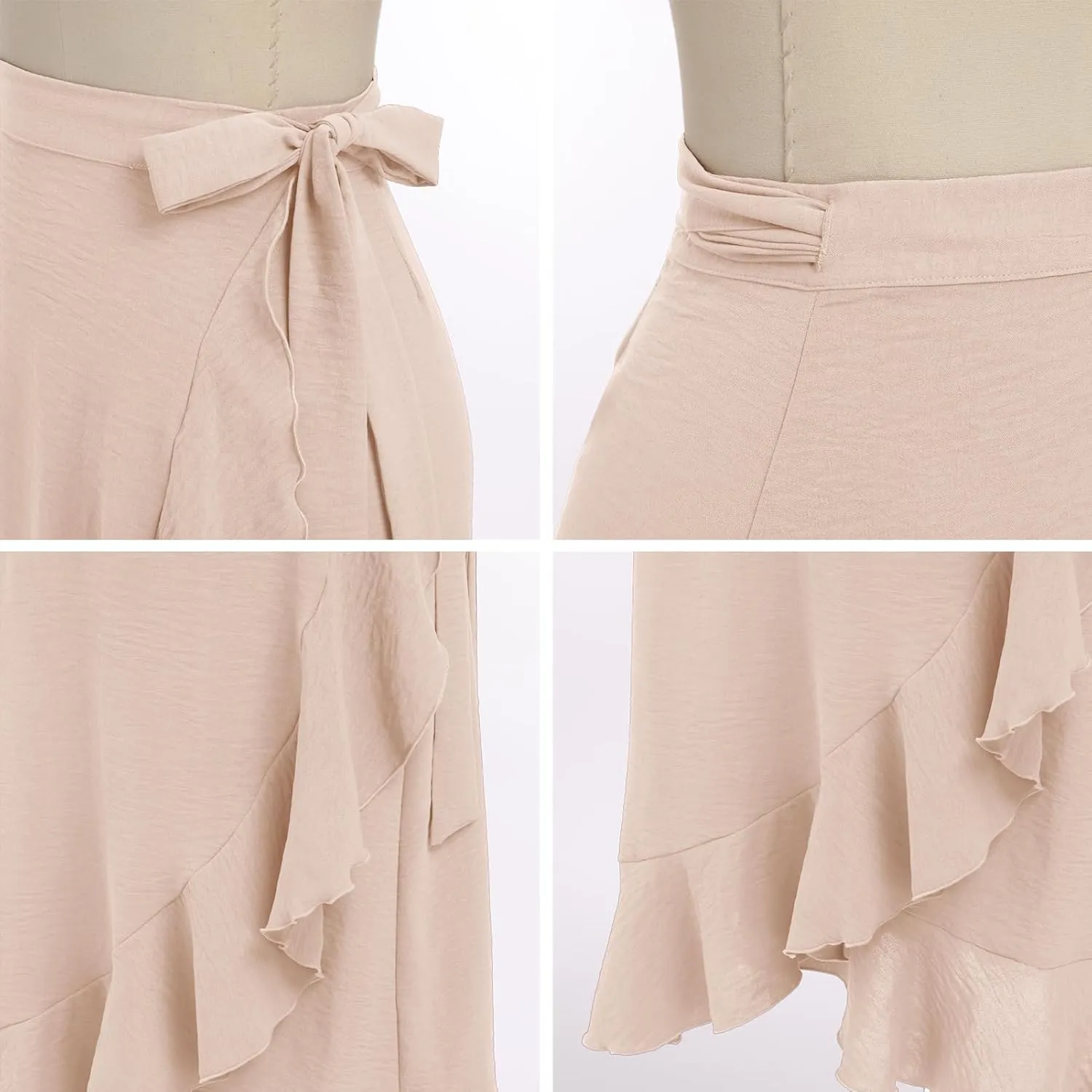 IDOPIP Women Irregular High-Low Hem Wrap Skirt Elegant High Waist Tie Side Midi Skirt Casual Summer Beach Ruffle A-line Skirt