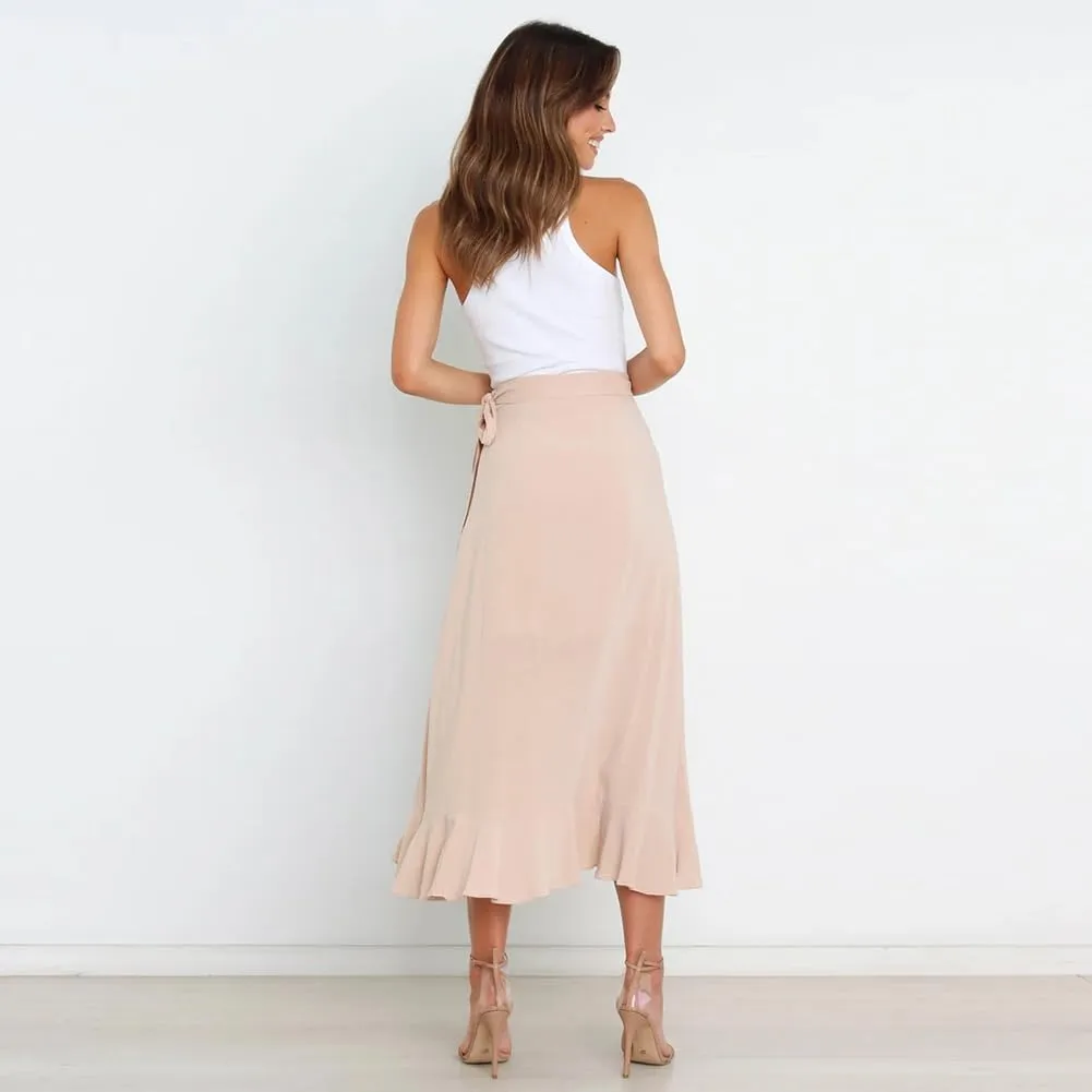 IDOPIP Women Irregular High-Low Hem Wrap Skirt Elegant High Waist Tie Side Midi Skirt Casual Summer Beach Ruffle A-line Skirt