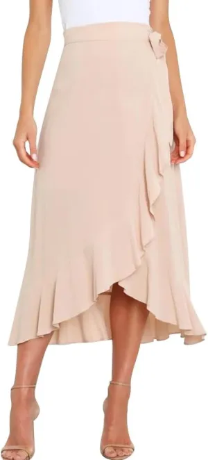 IDOPIP Women Irregular High-Low Hem Wrap Skirt Elegant High Waist Tie Side Midi Skirt Casual Summer Beach Ruffle A-line Skirt