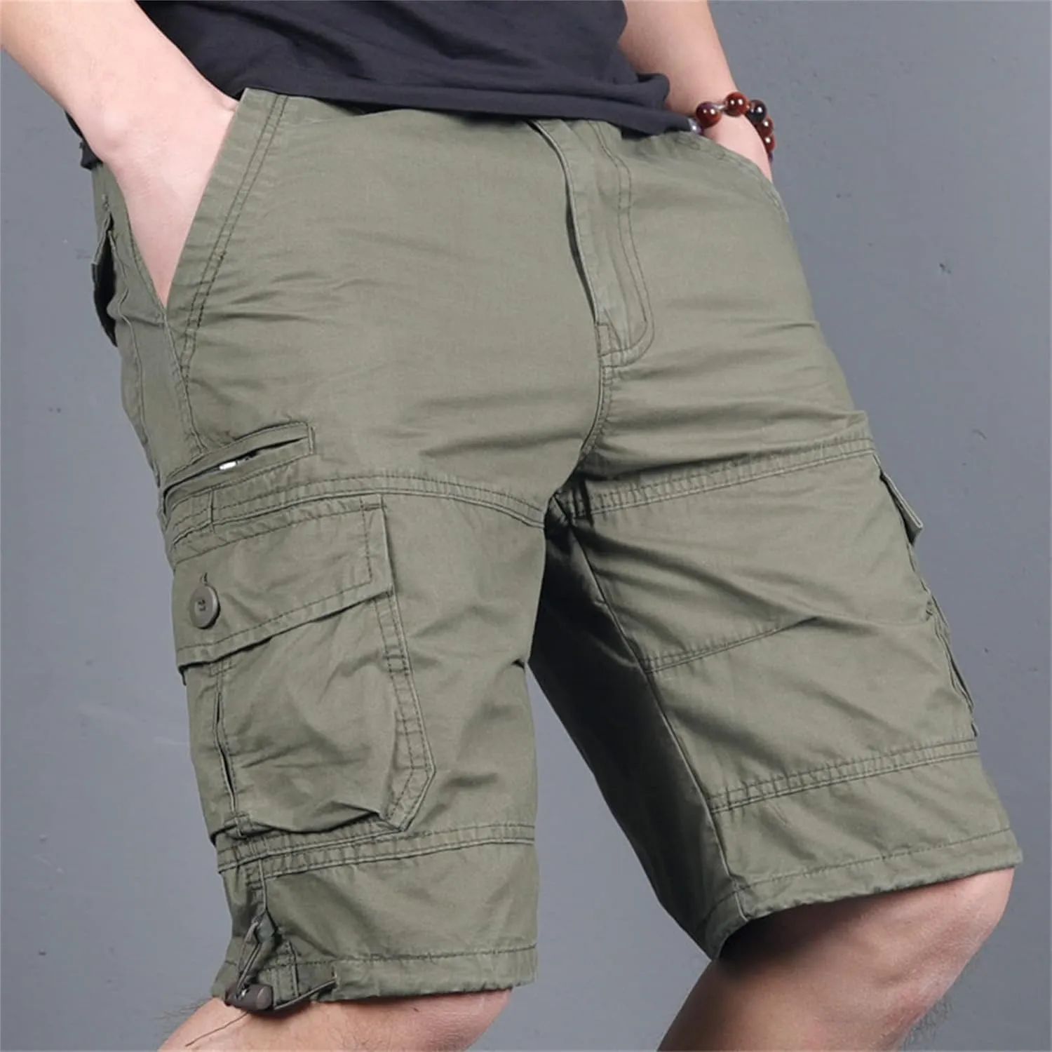 JEsilunmaMY Men's Elastic Waist Casual Cargo Shorts Multi-Pockets Summer Beach Shorts Relaxed Fit Working Cotton Shorts