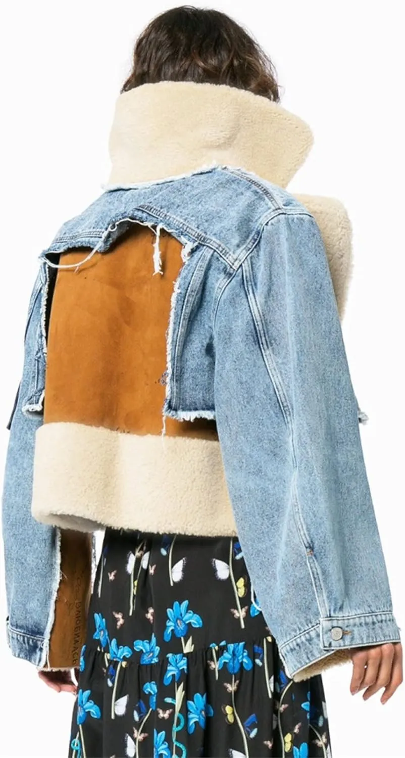 JEsilunmaMY Women's Patchwork Denim Jacket Long Sleeve Lapel Cardigan Coat Winter Fleece Thicken Lamb Wool Cotton Jackets