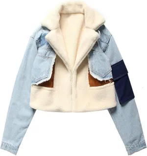 JEsilunmaMY Women's Patchwork Denim Jacket Long Sleeve Lapel Cardigan Coat Winter Fleece Thicken Lamb Wool Cotton Jackets