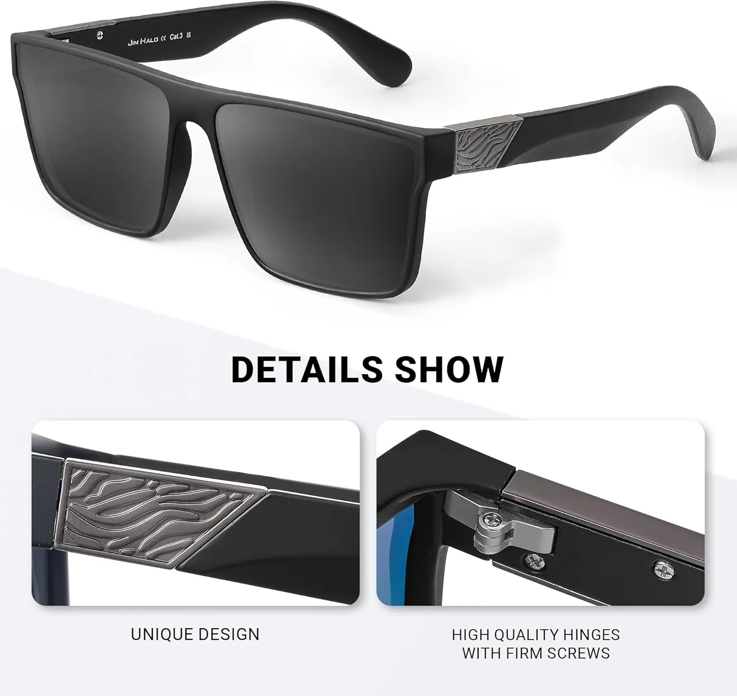 JIM HALO Retro Polarized Sunglasses Men Women Flat Top Square UV400 Glasses for Driving Fishing Hiking Golfing