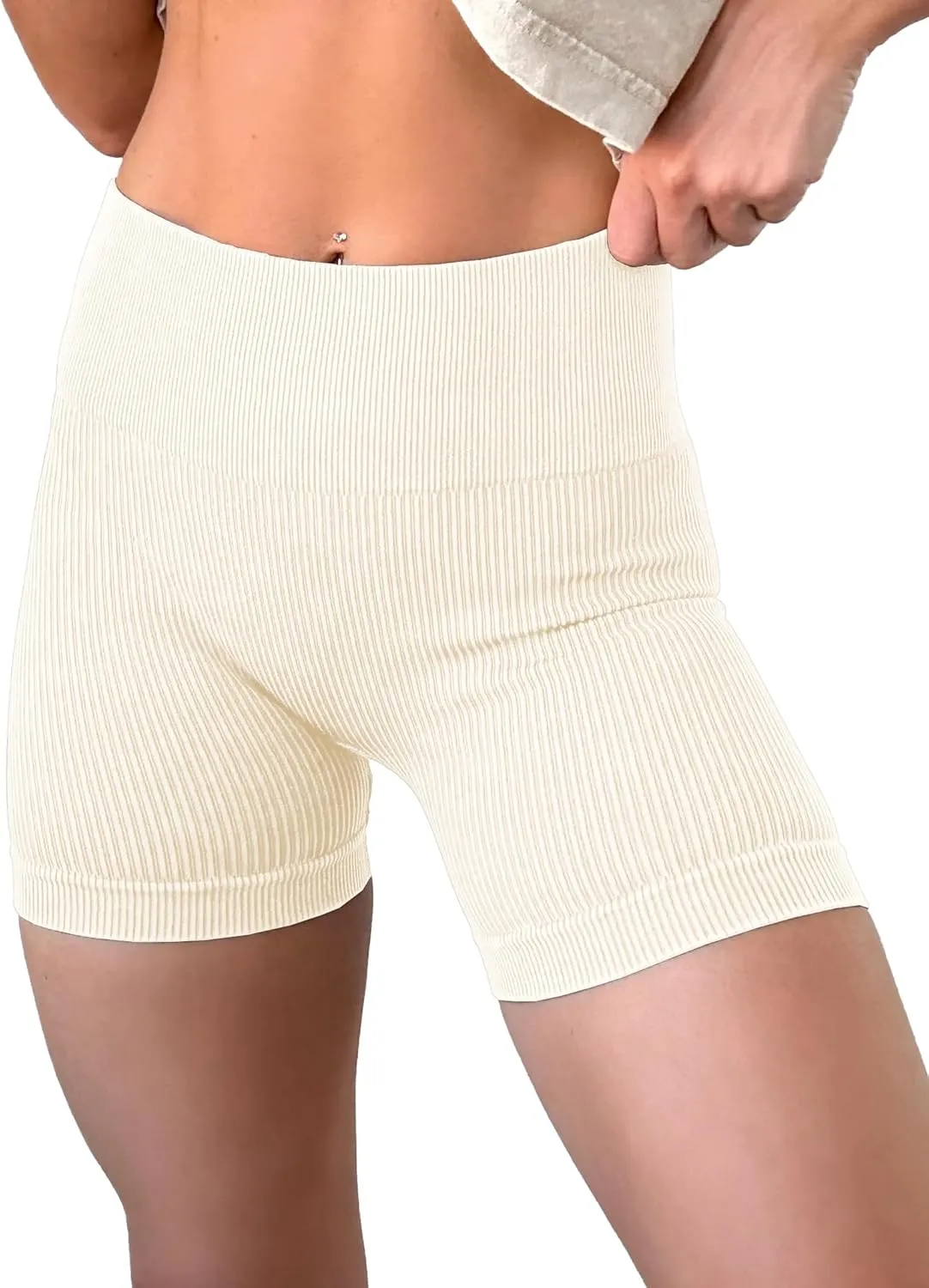 KINLONSAIR Women's High Waist Yoga Workout Impact Shorts Ribbed Seamless Workout Athletic Legging Shorts