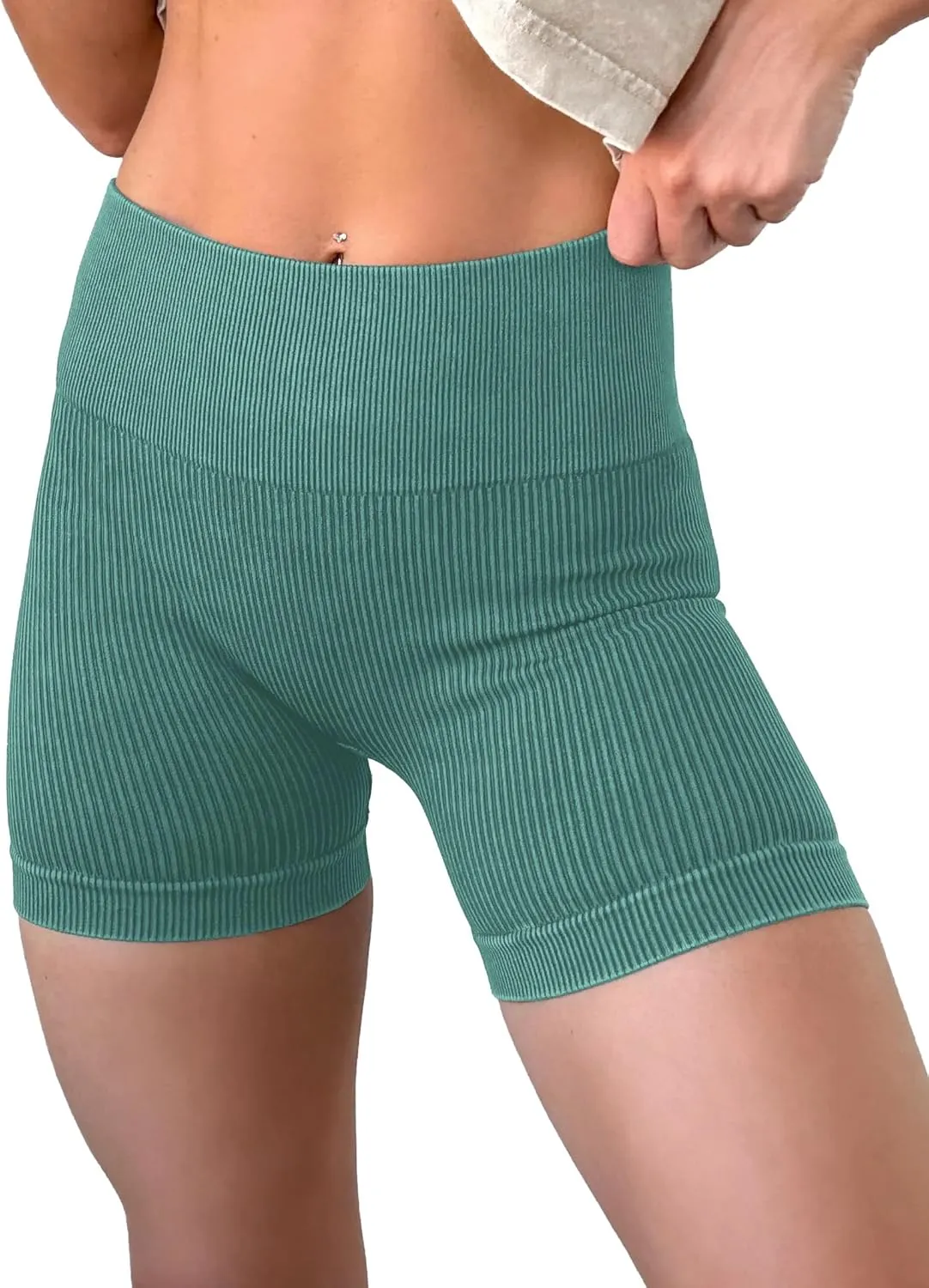 KINLONSAIR Women's High Waist Yoga Workout Impact Shorts Ribbed Seamless Workout Athletic Legging Shorts