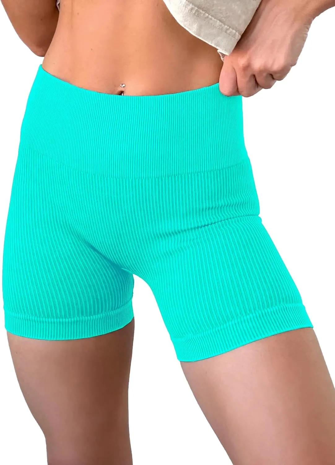 KINLONSAIR Women's High Waist Yoga Workout Impact Shorts Ribbed Seamless Workout Athletic Legging Shorts