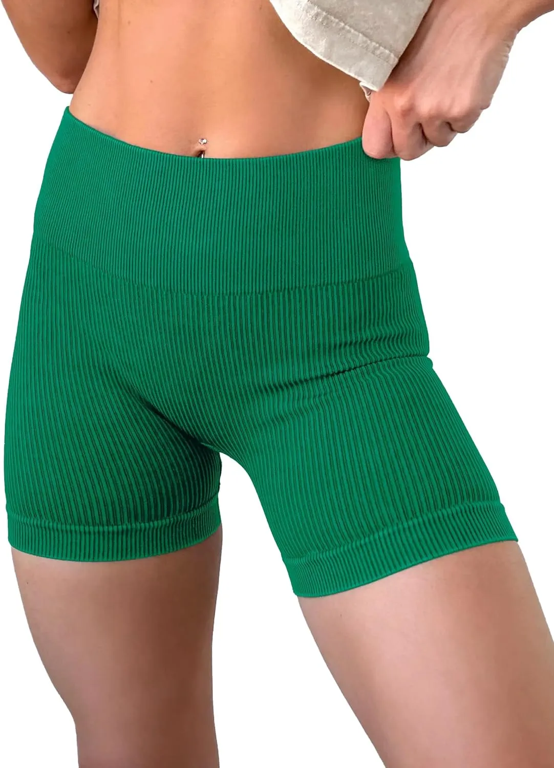 KINLONSAIR Women's High Waist Yoga Workout Impact Shorts Ribbed Seamless Workout Athletic Legging Shorts