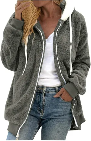 LCMTWX Womens Winter Fuzzy Fleece Jacket Color Artificial Wool Zipper Drawstring Long-Sleeved Hoodie Sweater Coat Hooded