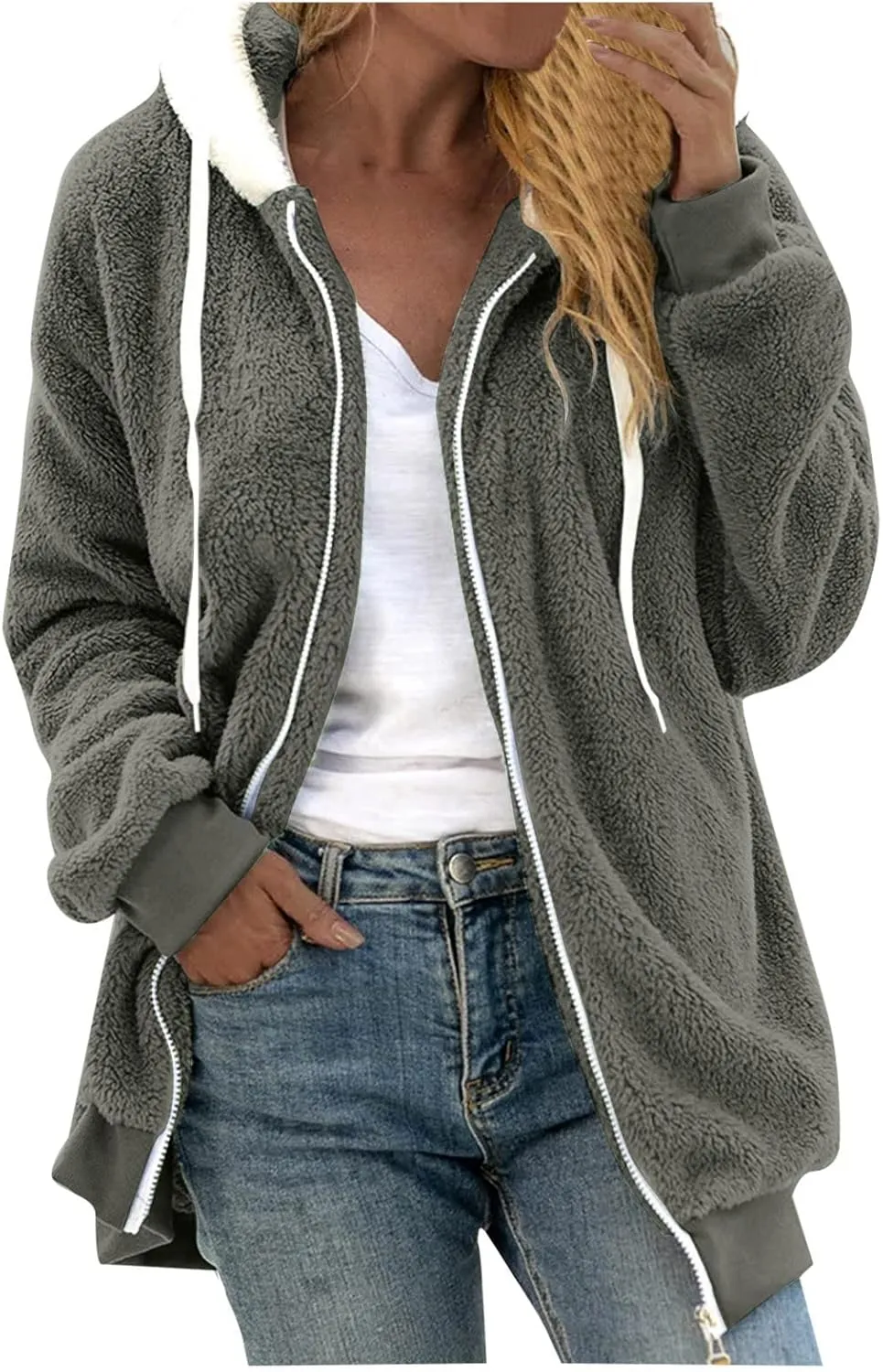 LCMTWX Womens Winter Fuzzy Fleece Jacket Color Artificial Wool Zipper Drawstring Long-Sleeved Hoodie Sweater Coat Hooded