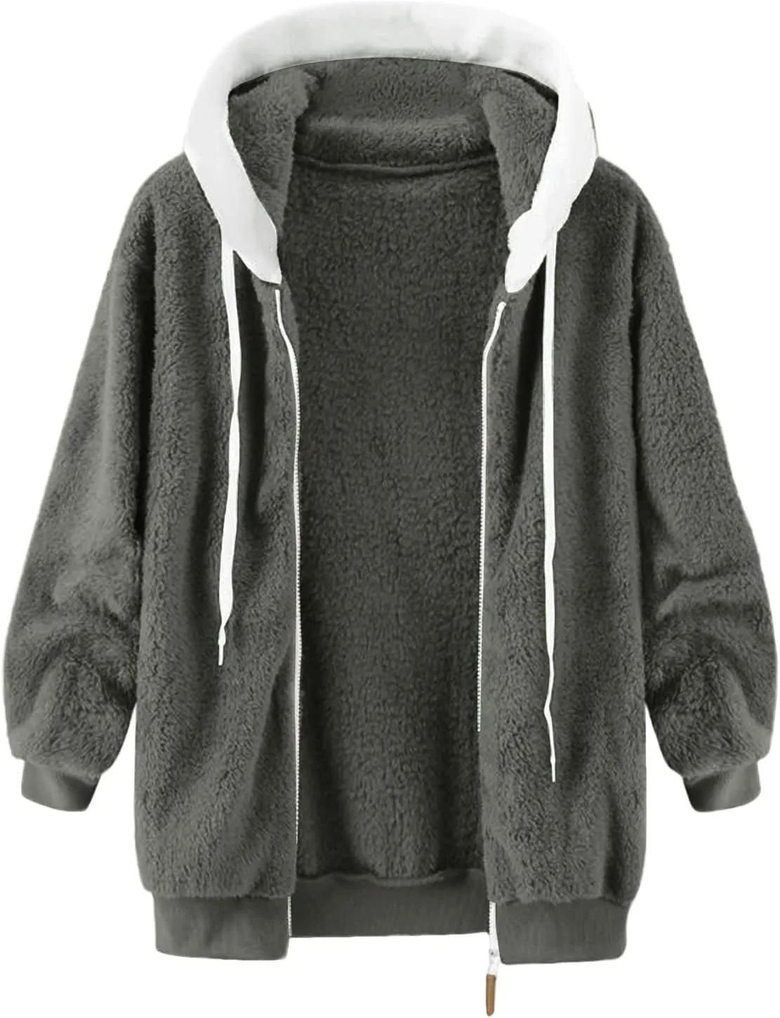 LCMTWX Womens Winter Fuzzy Fleece Jacket Color Artificial Wool Zipper Drawstring Long-Sleeved Hoodie Sweater Coat Hooded