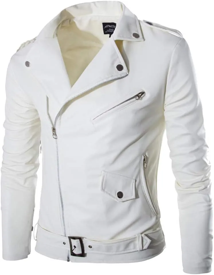 Leather Jackets for Men, Faux Bomber Jacket Men Cropped Motorcycle Lapel Asymmetric Zip-Up Slim Fit Biker Coat