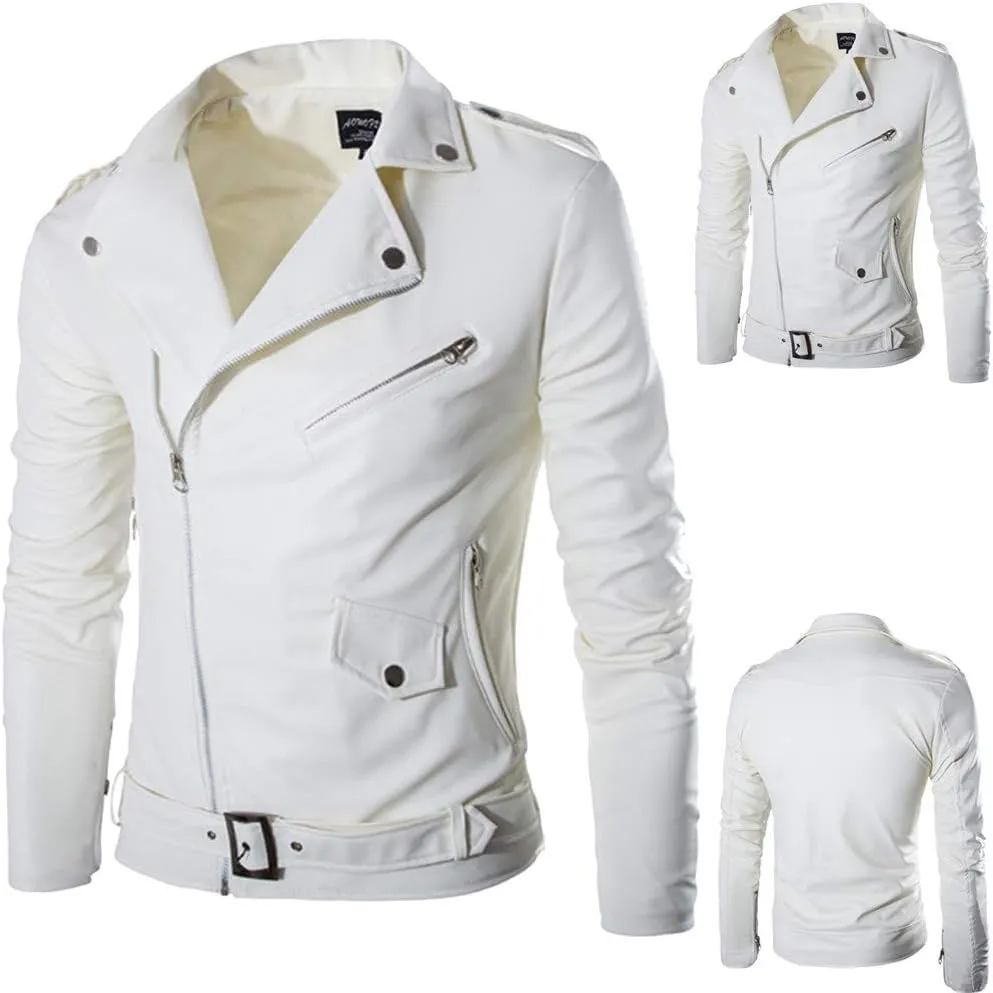 Leather Jackets for Men, Faux Bomber Jacket Men Cropped Motorcycle Lapel Asymmetric Zip-Up Slim Fit Biker Coat