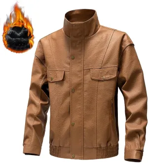 Leather Motorcycle Jackets for Men Faux PU Leather Stand Collar Motorcycle Jacket Vintage Full Zip Up Biker Coats