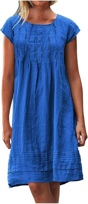 Linen Dress for Women Pleated Summer Dresses Short Sleeve Crewneck Slim Mini Dresses Petite Beach Vacation Sundress