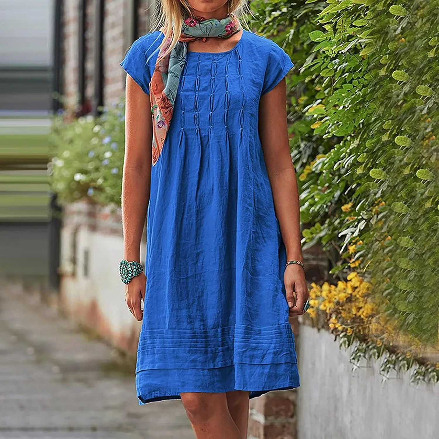 Linen Dress for Women Pleated Summer Dresses Short Sleeve Crewneck Slim Mini Dresses Petite Beach Vacation Sundress