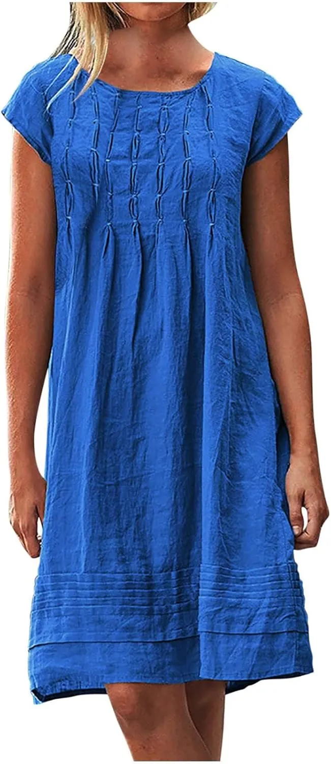 Linen Dress for Women Pleated Summer Dresses Short Sleeve Crewneck Slim Mini Dresses Petite Beach Vacation Sundress