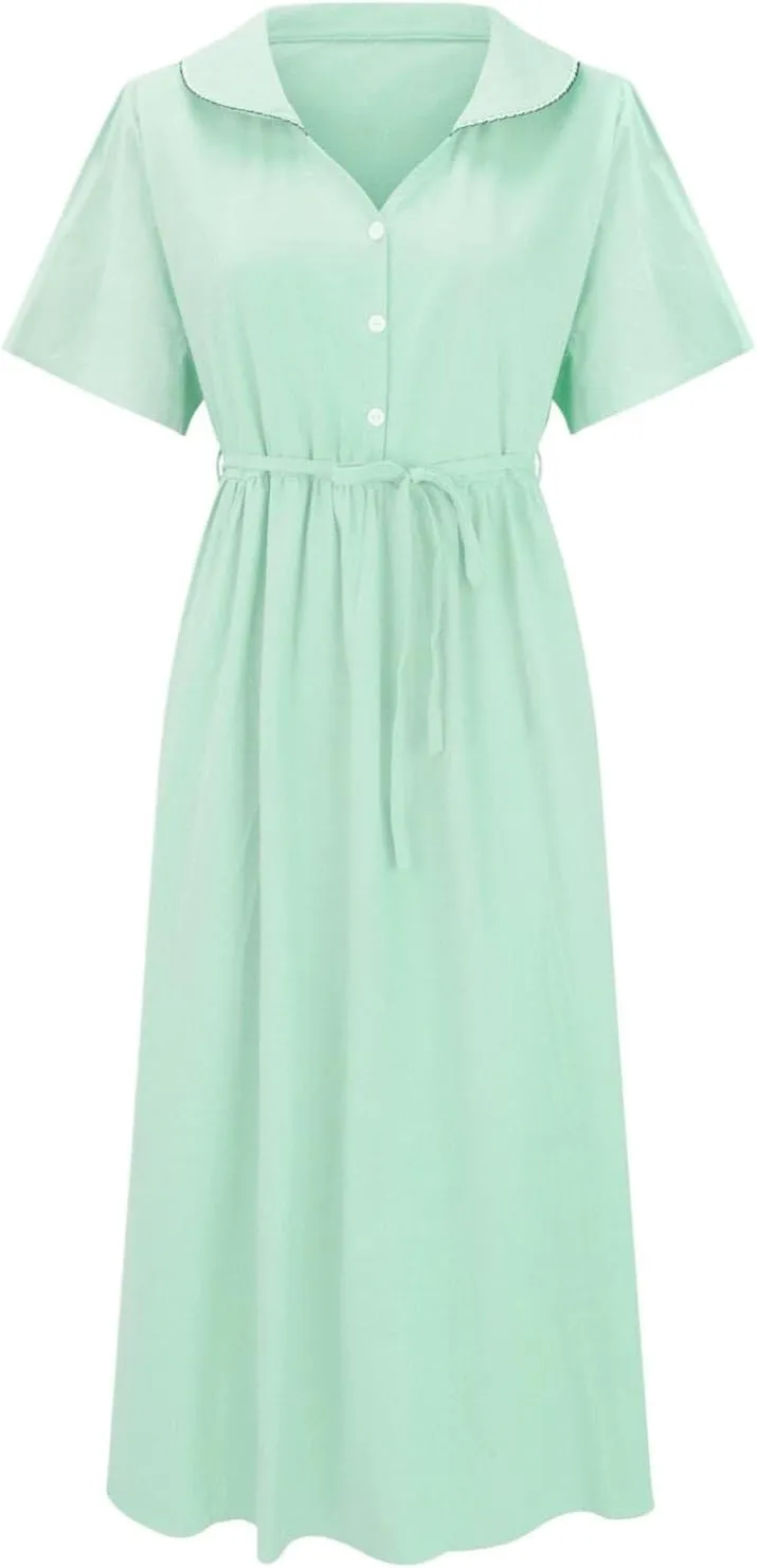 Linen Dresses for Women 2024 Causal Trendy Button Down Lace Up Lapel Collar Short Sleeve Korean Style Midi Dress