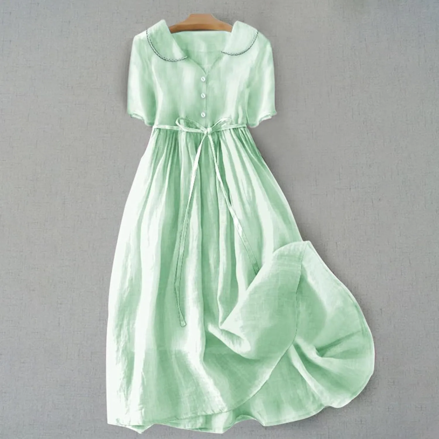 Linen Dresses for Women 2024 Causal Trendy Button Down Lace Up Lapel Collar Short Sleeve Korean Style Midi Dress