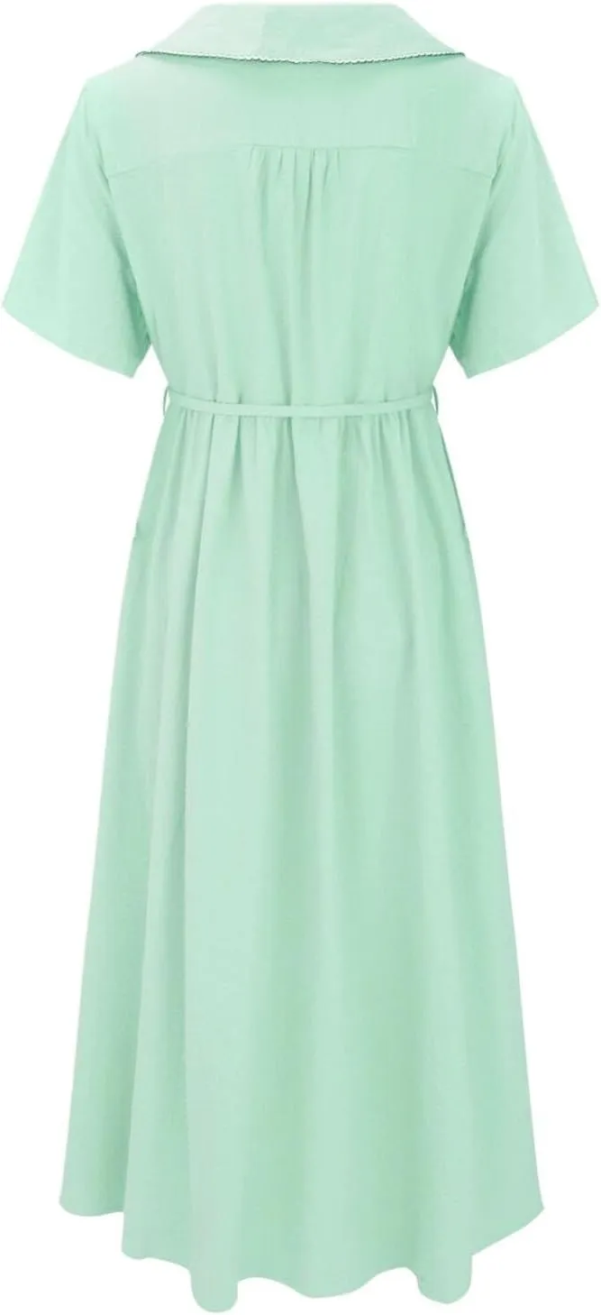 Linen Dresses for Women 2024 Causal Trendy Button Down Lace Up Lapel Collar Short Sleeve Korean Style Midi Dress