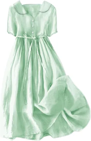 Linen Dresses for Women 2024 Causal Trendy Button Down Lace Up Lapel Collar Short Sleeve Korean Style Midi Dress