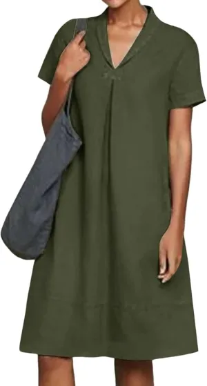 Linen Dresses for Women 2025 Casual Short Sleeve Tshirt Round Neck Dress Oversized Loose Elegant Slim Fit Mini Dress