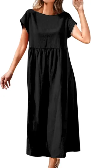 Linen Dresses for Women Summer Crew Neck Short Sleeve Maxi Dress Comfy Breathable Pleat Hem Beach Dress with Pockets