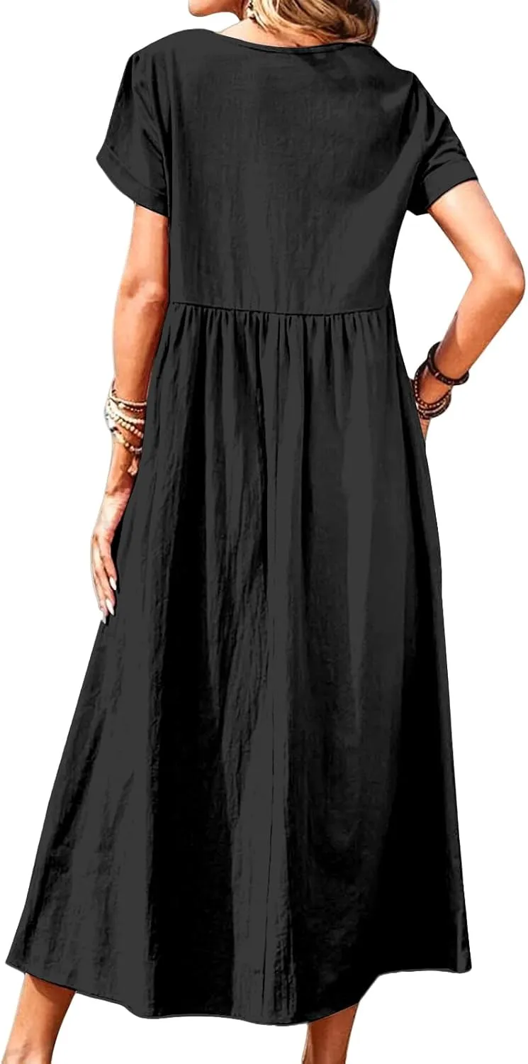 Linen Dresses for Women Summer Crew Neck Short Sleeve Maxi Dress Comfy Breathable Pleat Hem Beach Dress with Pockets