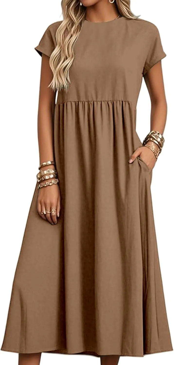 Linen Dresses for Women Summer Crew Neck Short Sleeve Maxi Dress Comfy Breathable Pleat Hem Beach Dress with Pockets