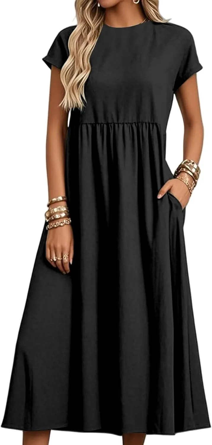 Linen Dresses for Women Summer Crew Neck Short Sleeve Maxi Dress Comfy Breathable Pleat Hem Beach Dress with Pockets