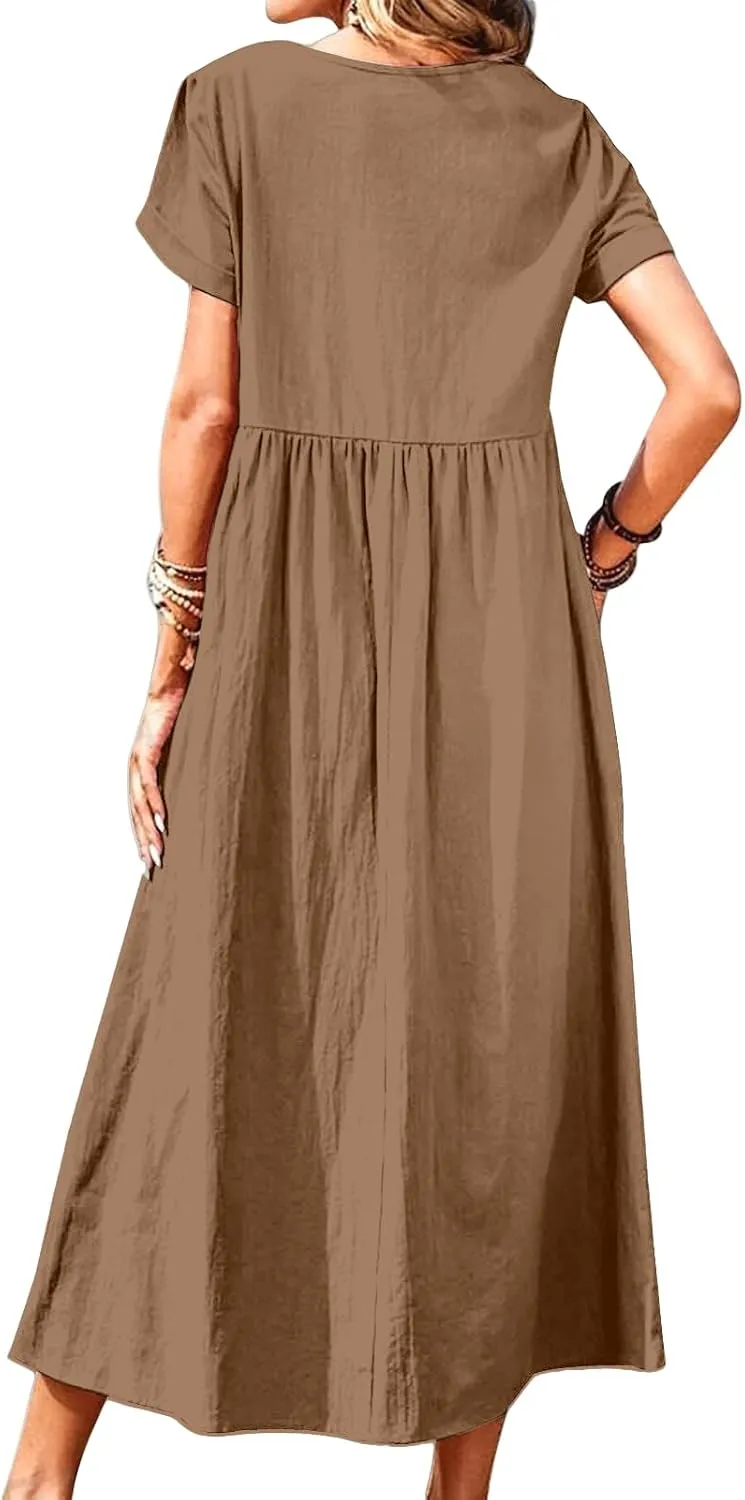 Linen Dresses for Women Summer Crew Neck Short Sleeve Maxi Dress Comfy Breathable Pleat Hem Beach Dress with Pockets