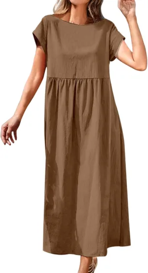 Linen Dresses for Women Summer Crew Neck Short Sleeve Maxi Dress Comfy Breathable Pleat Hem Beach Dress with Pockets