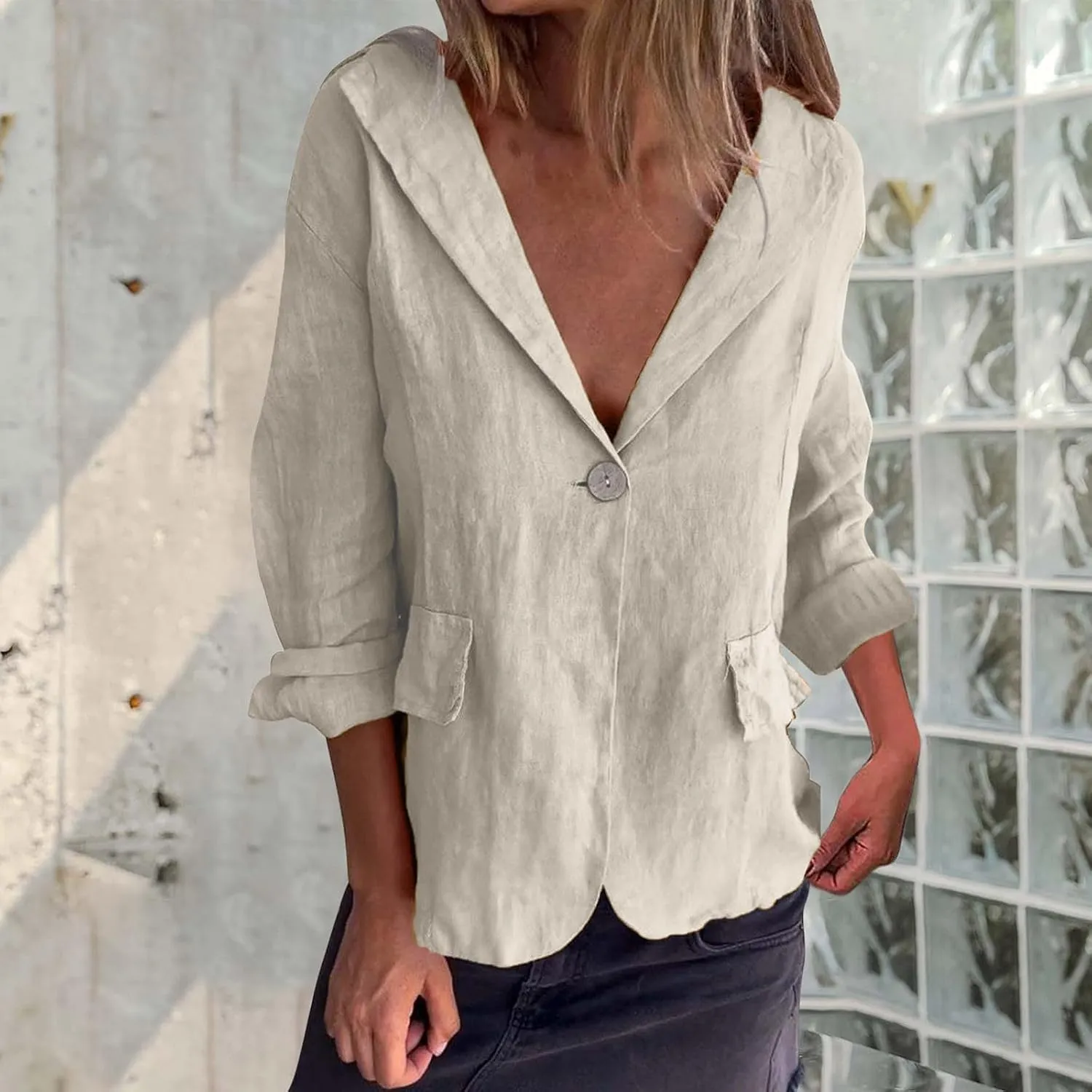 Linen Jackets for Women One Button Long Sleeve Blazers Lightweight Casual Jackets Oversized Blazers Work Outwear