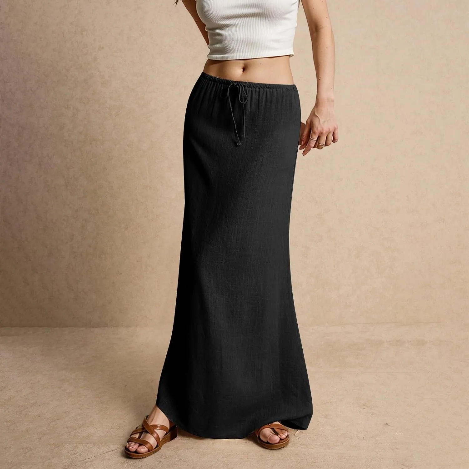 Linen Maxi Skirts for Women Trendy Summer Casual Drawstring Elastic Waist A Line Skirt Boho Beach Long Flowy Skirt