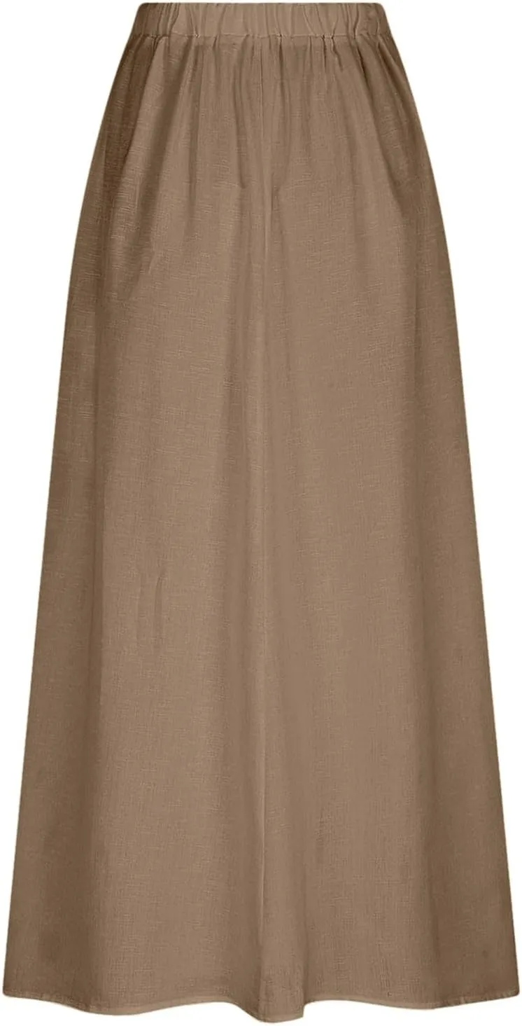Linen Maxi Skirts for Women with Pockets 2025 Summer High Waisted Loose Fit Casual Long Skirt for Vacation
