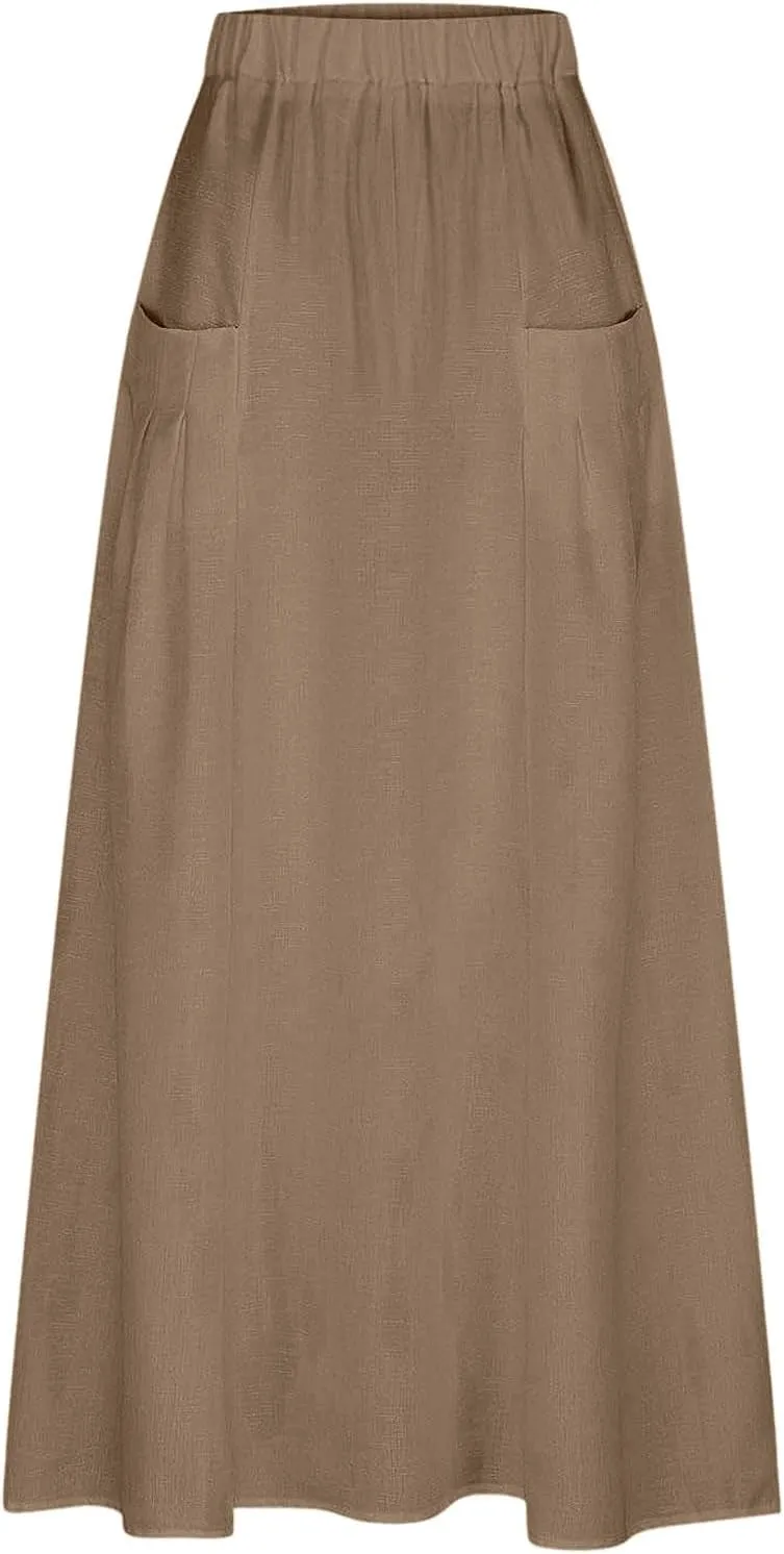 Linen Maxi Skirts for Women with Pockets 2025 Summer High Waisted Loose Fit Casual Long Skirt for Vacation