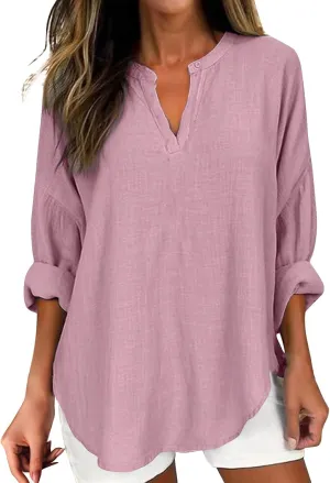Linen Shirts for Women Summer Notch V Neck Tops Plus Loose Fit 3/4 Long Sleeve Tunic Blouses Casual Tees 2024 Outfits