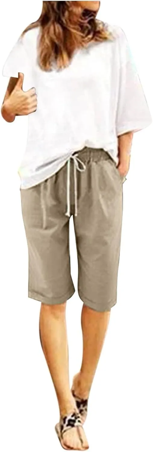 Linen Shorts for Women Summer Fashion High Waisted Bermuda Shorts Knee Length Elastic Waist Drawstring Shorts, Large