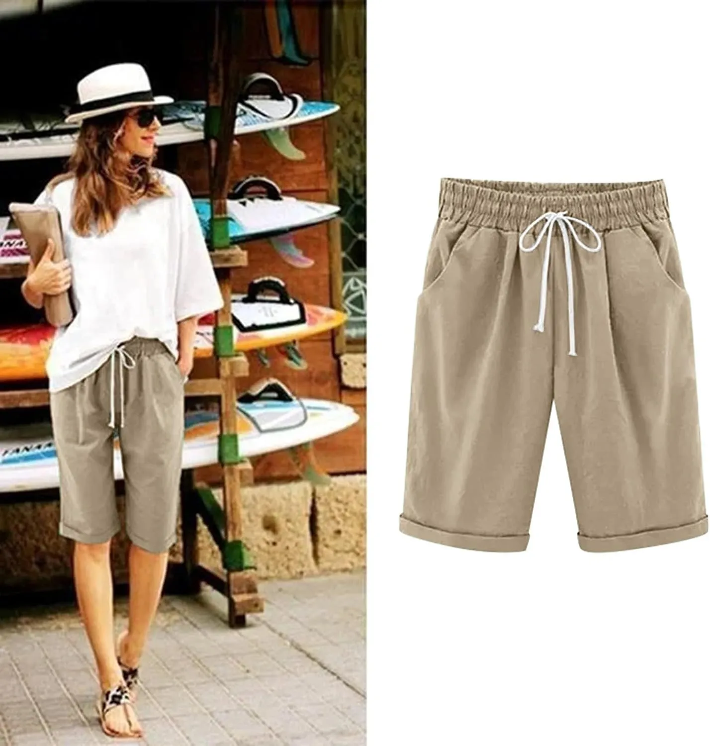 Linen Shorts for Women Summer Fashion High Waisted Bermuda Shorts Knee Length Elastic Waist Drawstring Shorts, Large