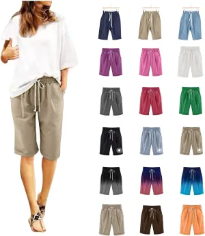 Linen Shorts for Women Summer Fashion High Waisted Bermuda Shorts Knee Length Elastic Waist Drawstring Shorts, Large