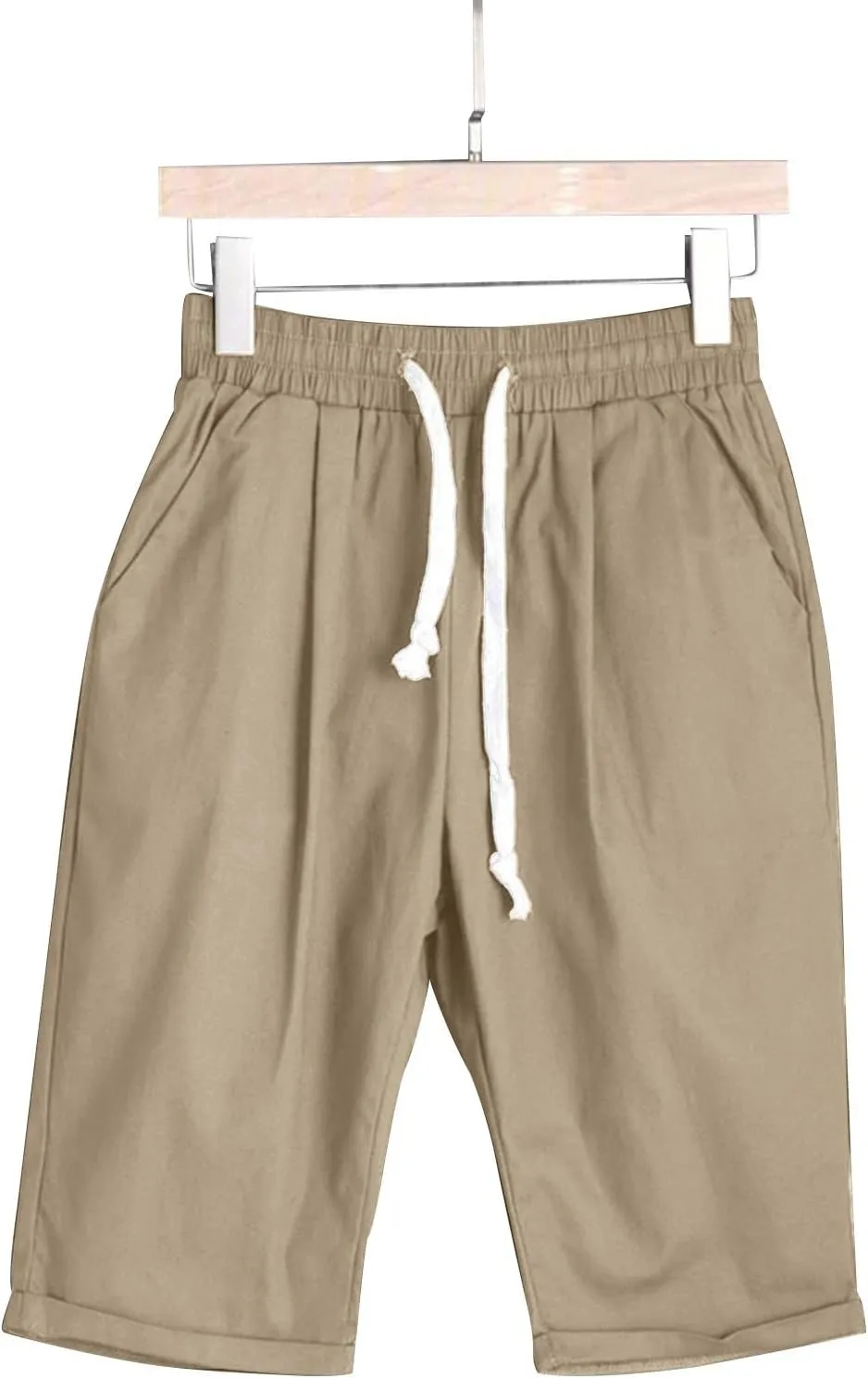 Linen Shorts for Women Summer Fashion High Waisted Bermuda Shorts Knee Length Elastic Waist Drawstring Shorts, Large