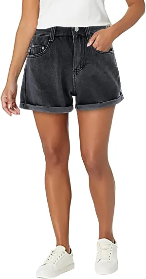 LIXIAO Women's Casual Mid Rise Denim Shorts Stretch Ripped Raw Hem Jean Shorts High Waisted Shorts Women