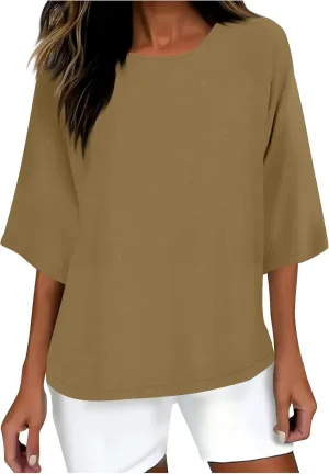Lmdudan Women's Oversized T Shirts Plus Size 3/4 Sleeve Cotton Linen Shirt Casual Loose Fit Basic Tee Tops Blouses Tunics