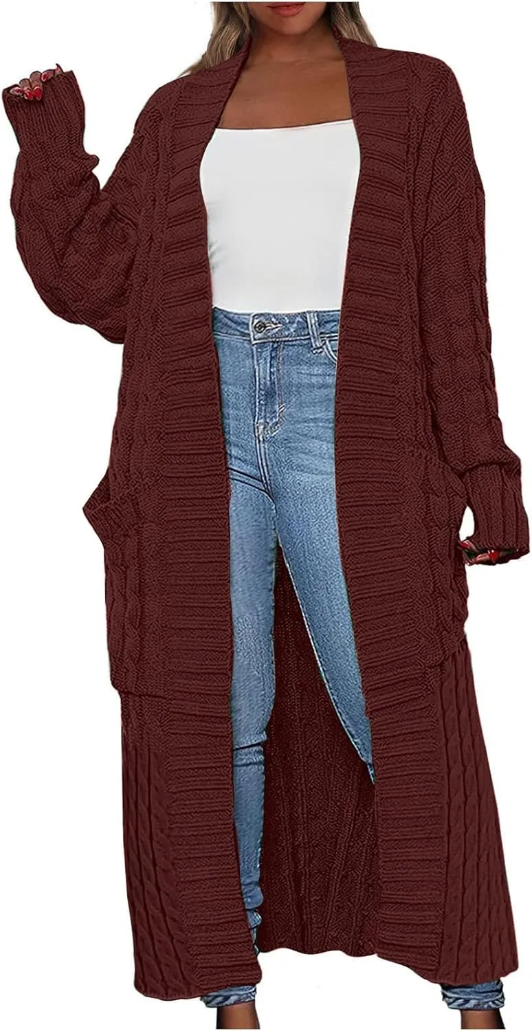 Long Cardigan Sweaters for Women Casual Cable Knit Chunky Sweater Coats Solid Color Trendy Comfy Maxi Outerwear