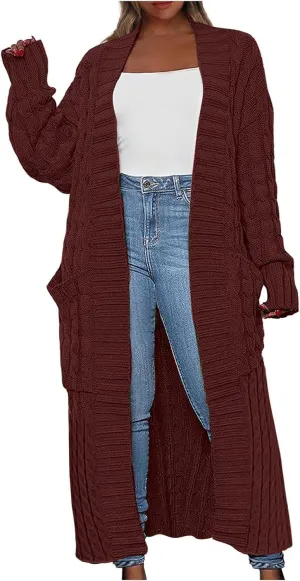Long Cardigan Sweaters for Women Casual Cable Knit Chunky Sweater Coats Solid Color Trendy Comfy Maxi Outerwear