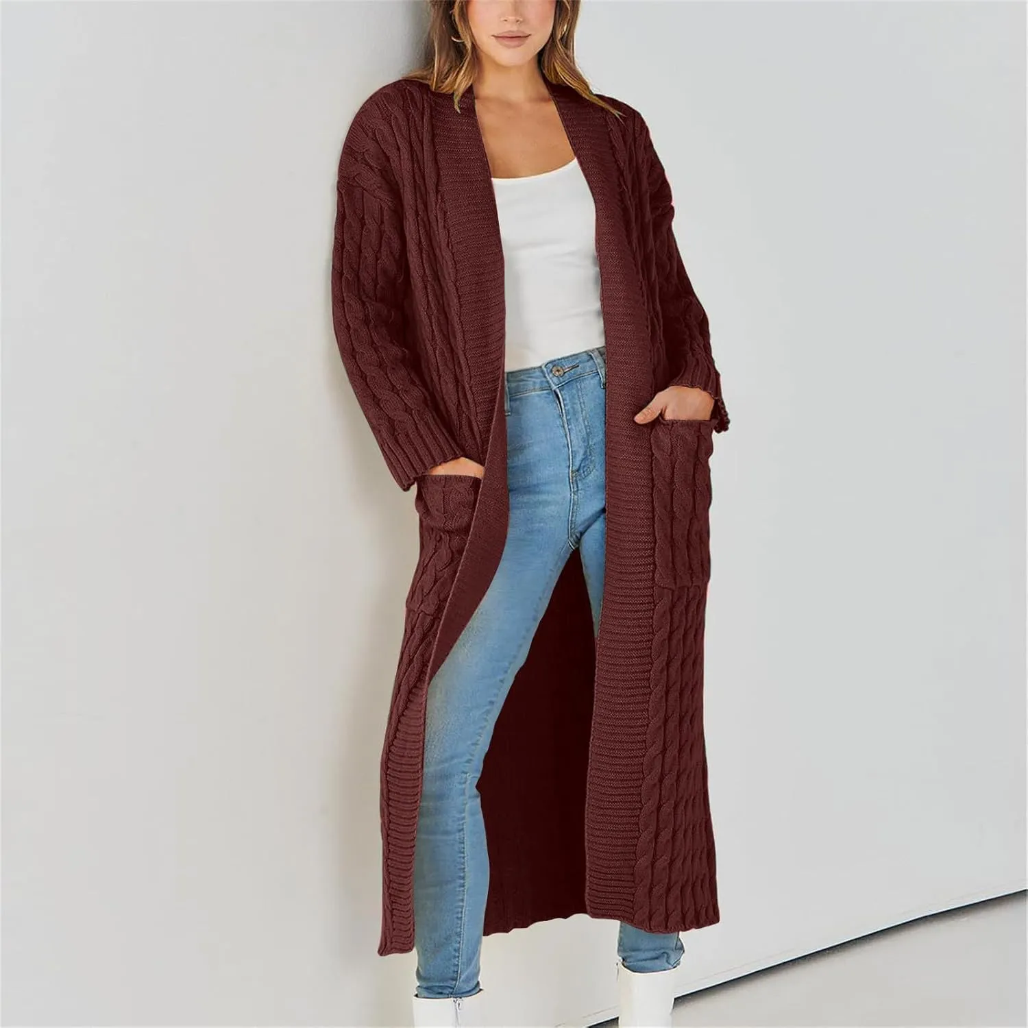 Long Cardigan Sweaters for Women Casual Cable Knit Chunky Sweater Coats Solid Color Trendy Comfy Maxi Outerwear