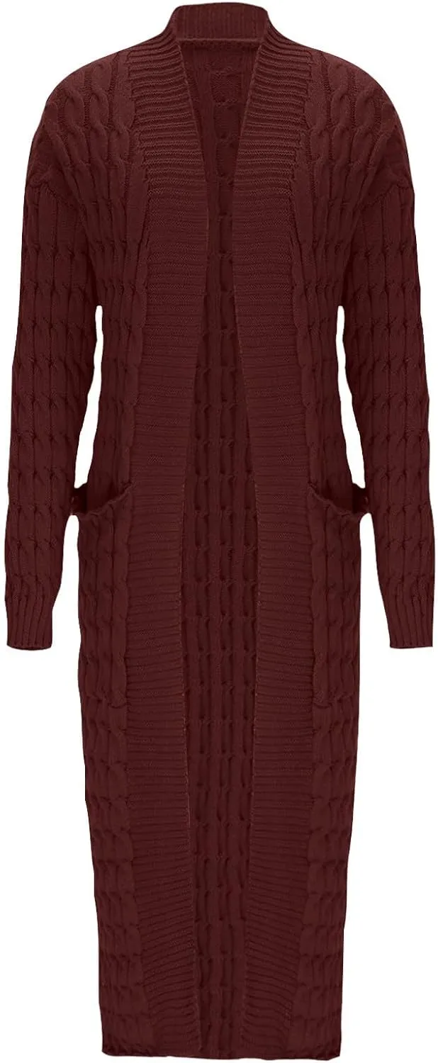 Long Cardigan Sweaters for Women Casual Cable Knit Chunky Sweater Coats Solid Color Trendy Comfy Maxi Outerwear