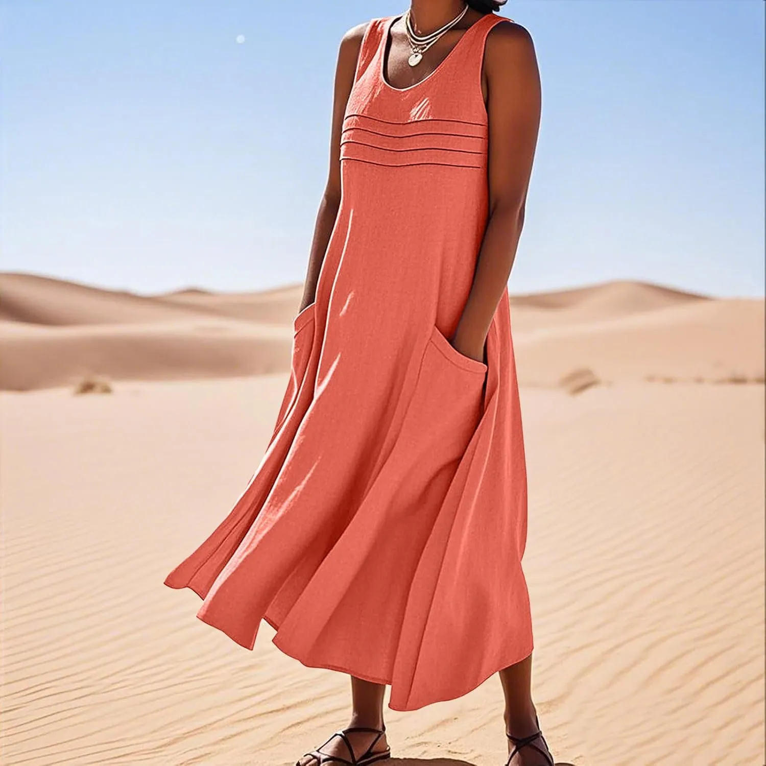Long Cotton Linen Dresses for Women Sleeveless Striped Printed Plain Sundress Swing Hem Maxi Dress with Pockets